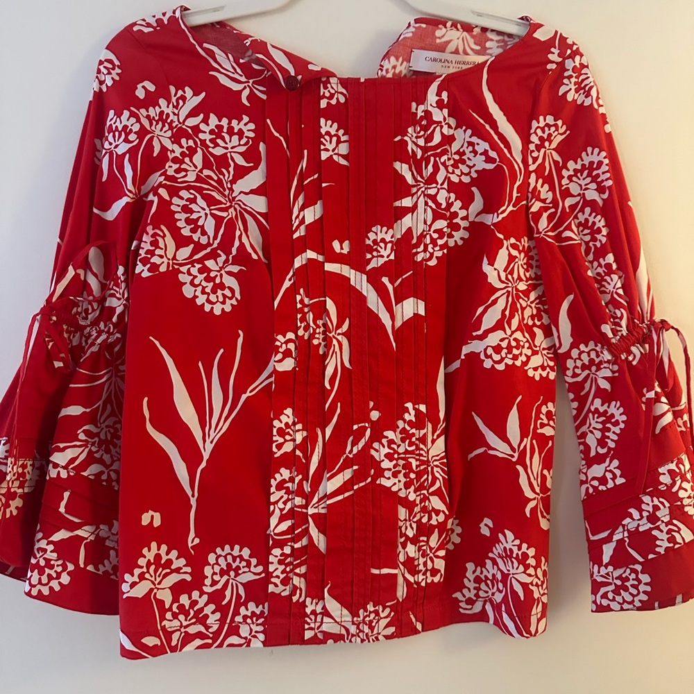 Carolina Herrera, red and white Floral Blouse puff sleeve